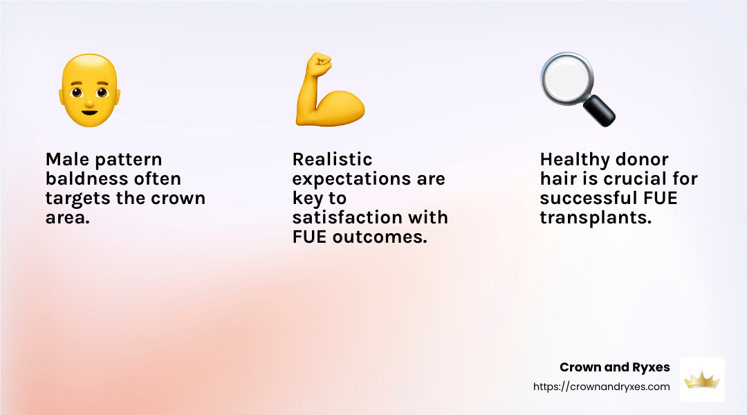Realistic expectations are crucial for a successful hair transplant - fue crown hair transplant infographic 3_facts_emoji_light-gradient