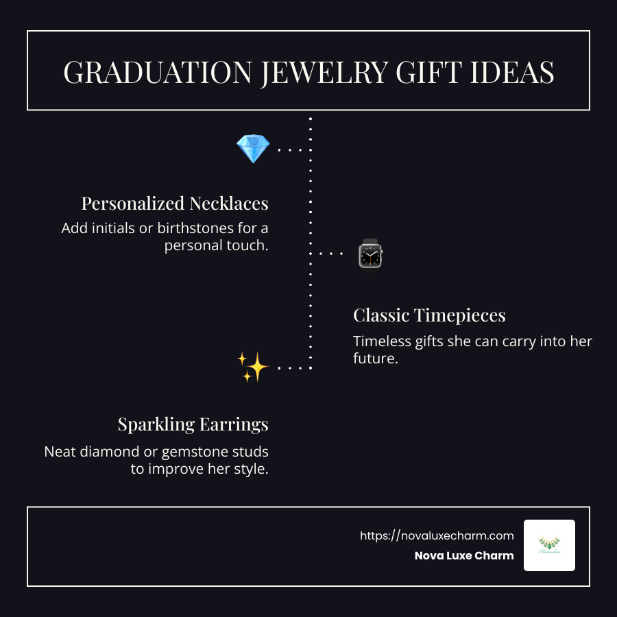 Graduation jewelry gift ideas infographic - showing personalized necklaces, timepieces, sparkling earrings, with images and descriptions of each item style, alongside price and sustainability ratings - Graduation jewelry for women infographic infographic-line-3-steps-dark