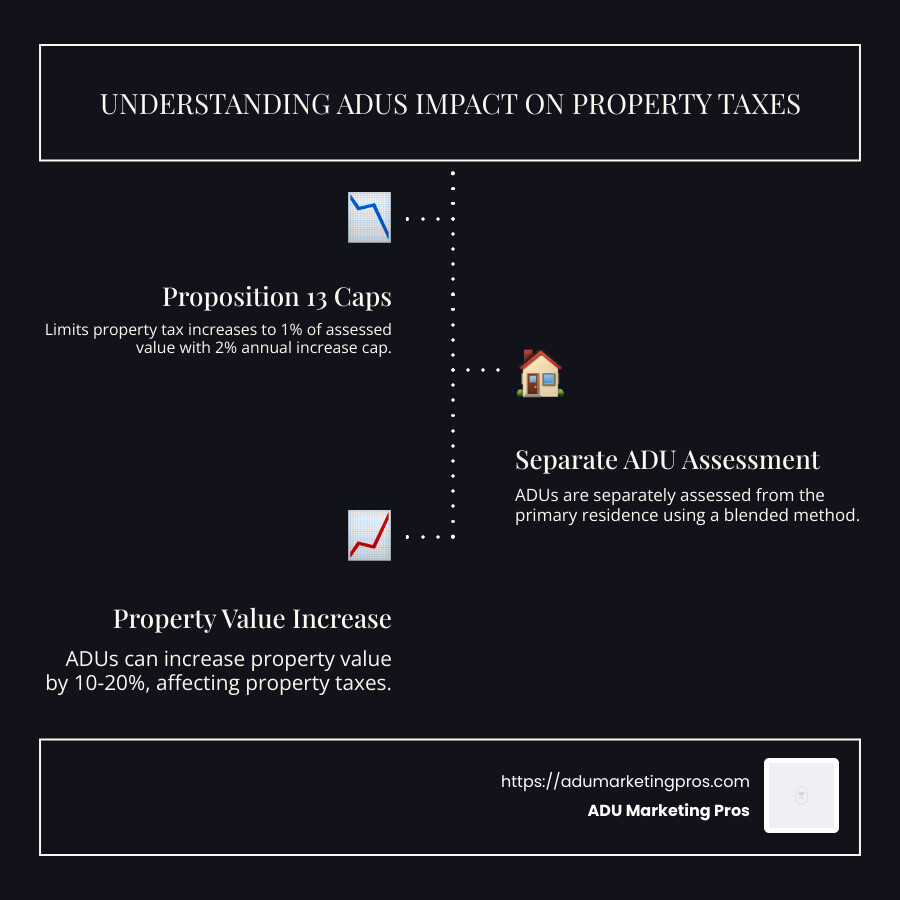Infographic showing Proposition 13 impact, separate ADU assessment, and increased property value percentages - ADU property taxes infographic infographic-line-3-steps-dark