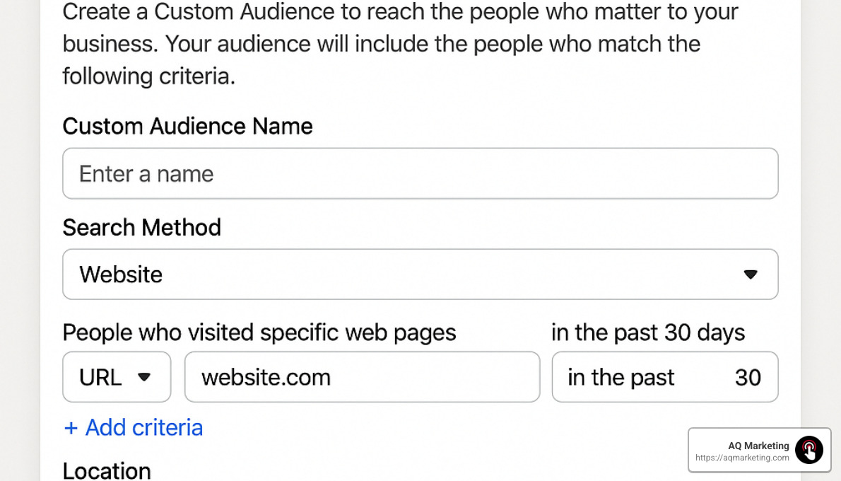 Facebook Ads Manager interface showing the custom audience creation process - Facebook retargeting ads