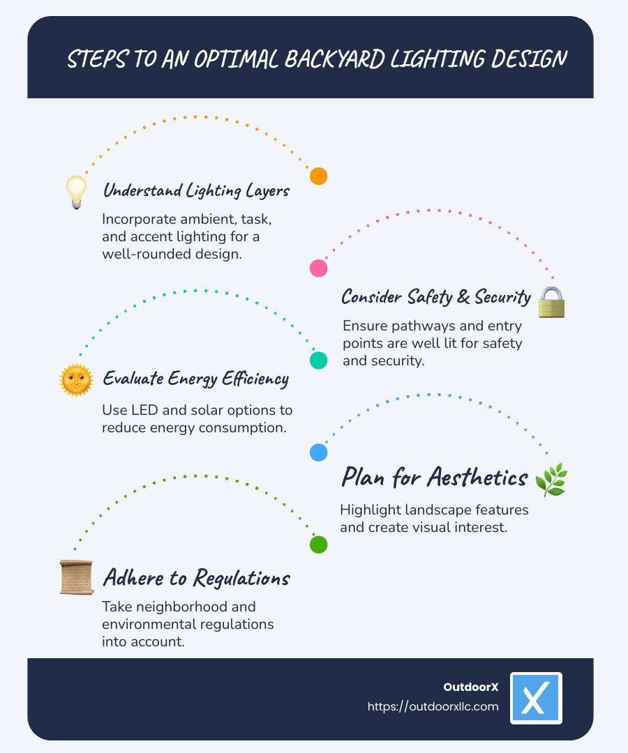 Infographic explaining common backyard lighting fixture types and their purposes such as path lights for walkways, spotlights for feature highlighting, string lights for ambiance, and wall lanterns for entrances and seating areas. - Backyard lighting design infographic infographic-line-5-steps-blues-accent_colors