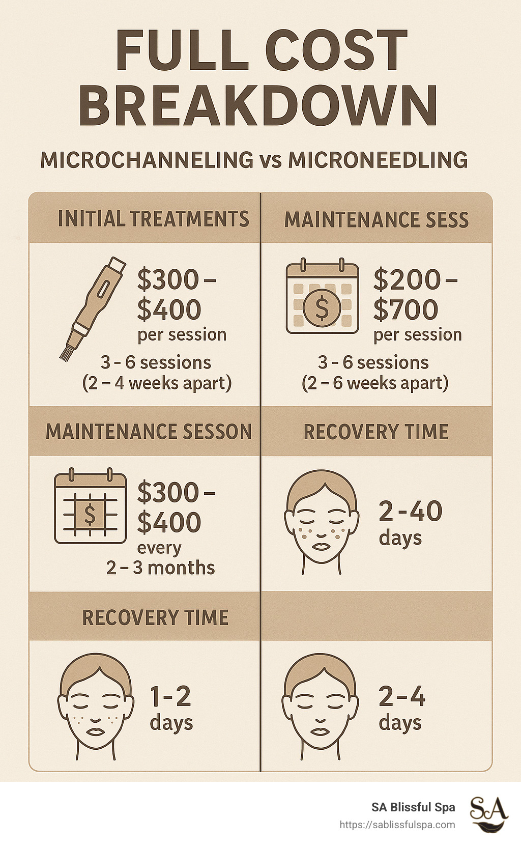 A detailed infographic showing the full cost breakdown of microchanneling vs microneedling, including initial treatments, maintenance sessions, and recovery time considerations. - microchanneling vs microneedling cost infographic