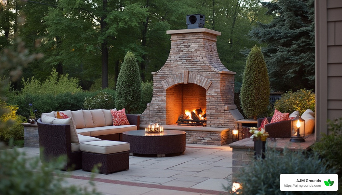 backyard with custom built outdoor fireplace as a focal point - custom built outdoor fireplaces