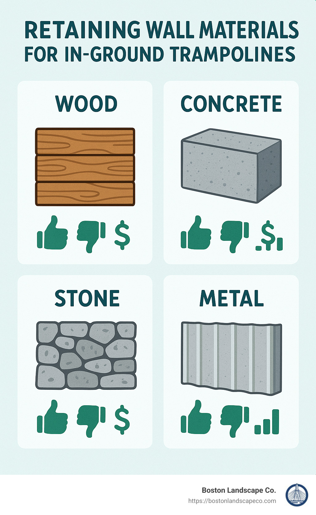comparison of different retaining wall materials for in-ground trampolines - in ground trampoline retaining wall infographic