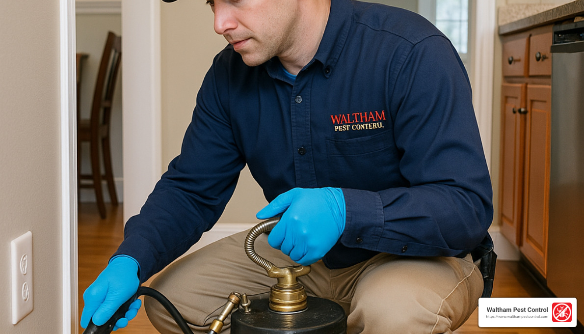 Waltham Pest Control technician treating for ants in a Massachusetts home - best pest control company for ants