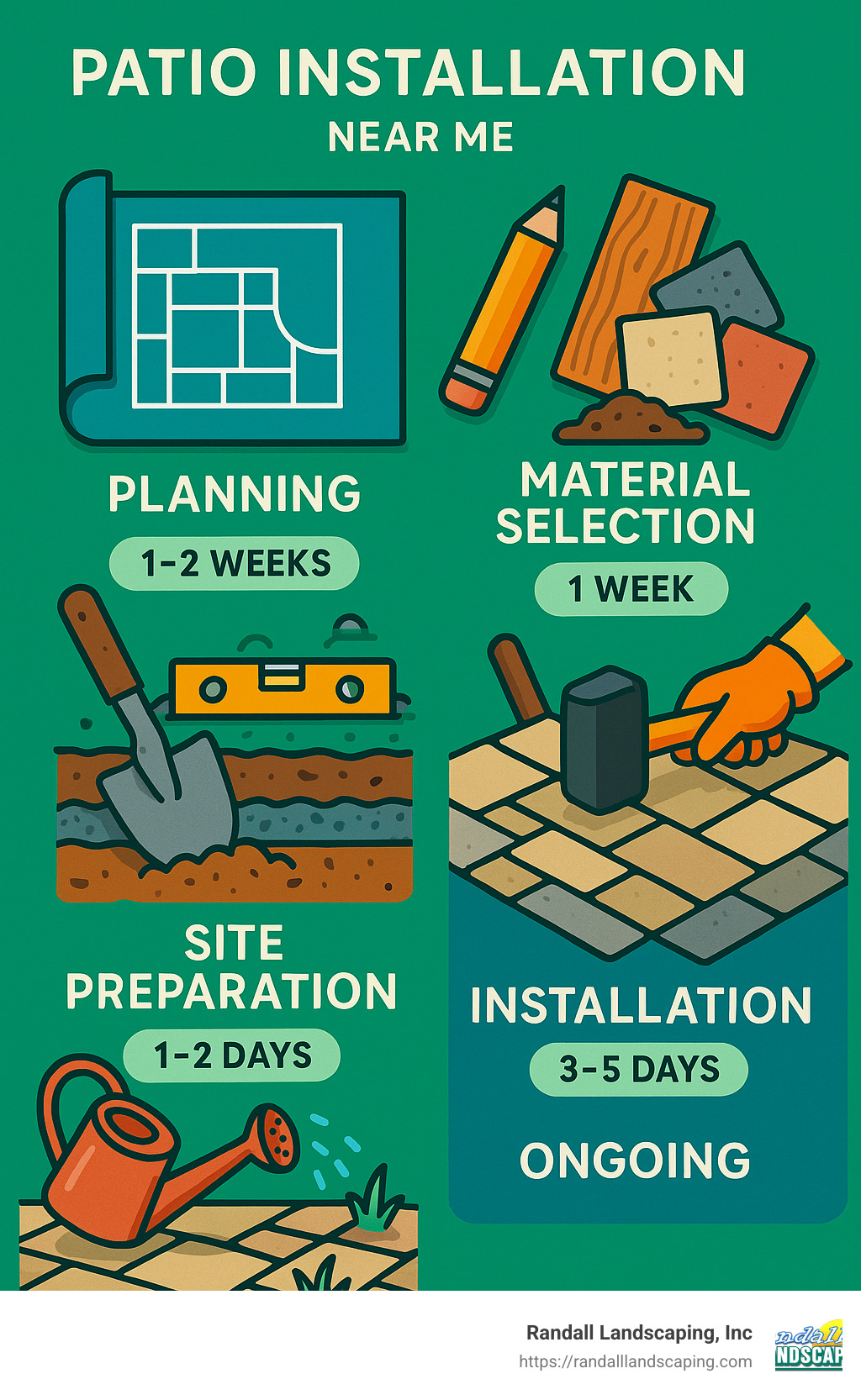 Detailed infographic showing patio installation process including planning, material selection, site preparation, installation, and maintenance phases with average timeframes for each step - patio installation near me infographic 
