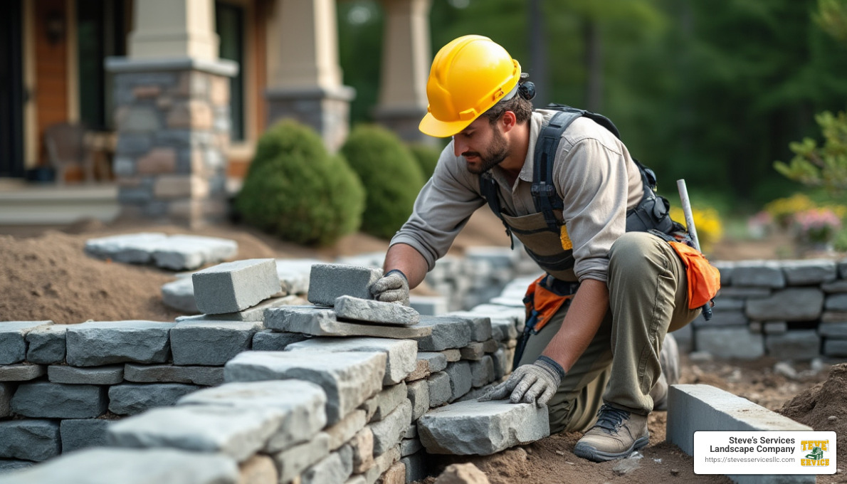 professional masonry contractor working on a stone wall project - masonry and concrete contractors near me