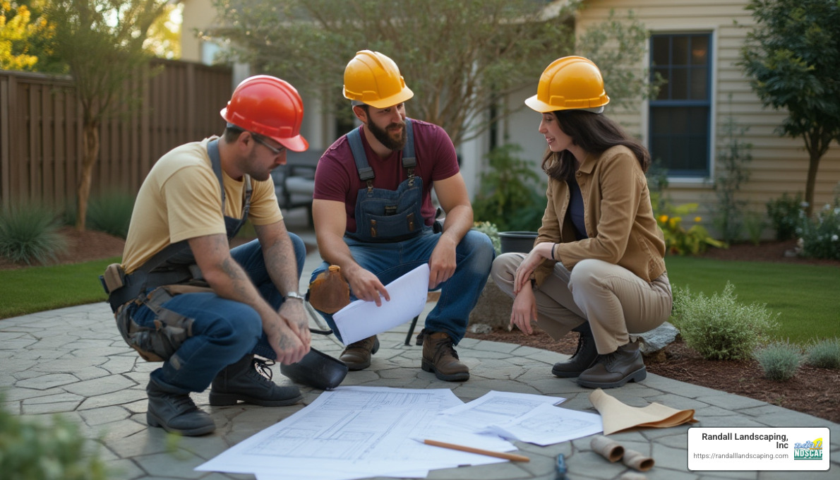 contractor meeting with homeowners reviewing patio design plans - patio installation near me