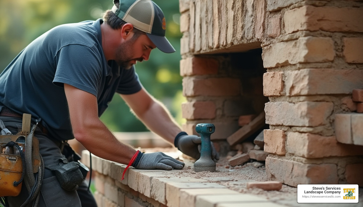 masonry contractor working on an outdoor fireplace - masonry and concrete contractors near me