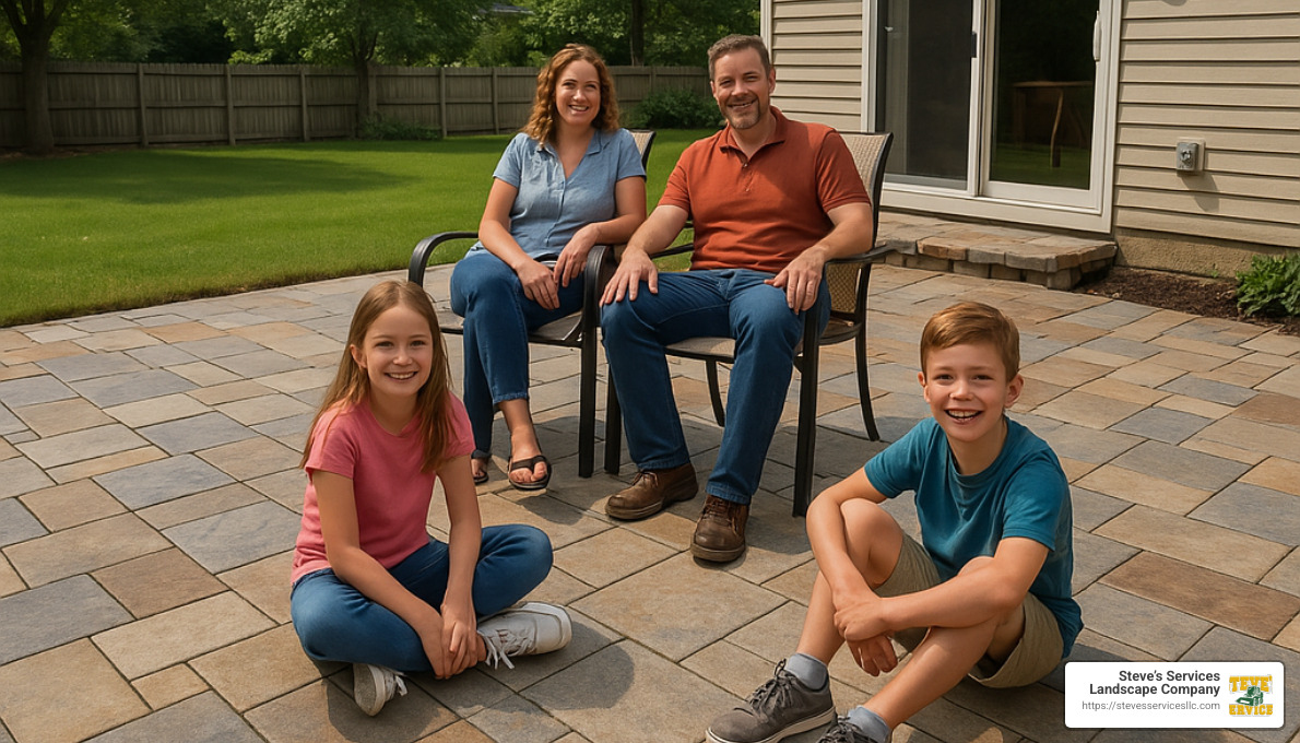 completed stone patio with satisfied homeowners - masonry and concrete contractors near me