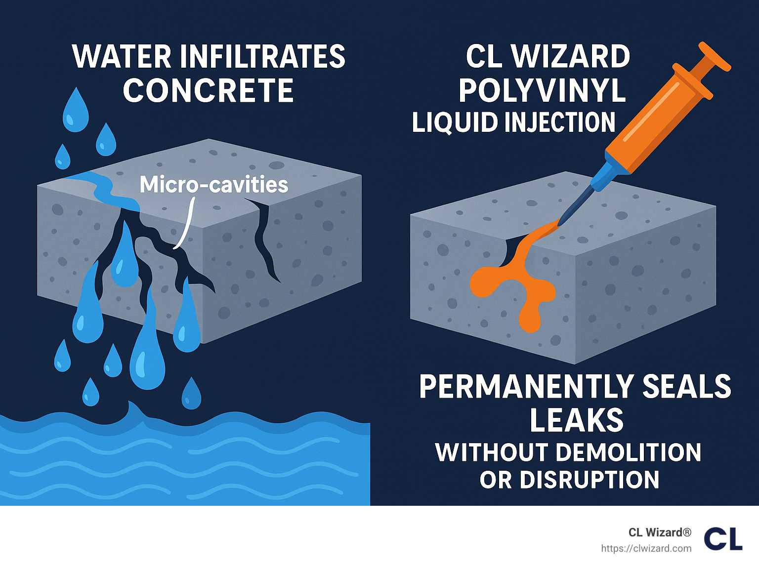 Infographic showing how water infiltrates concrete through micro-cavities and how CL Wizard's polyvinyl liquid injection permanently seals these leaks without demolition or disruption. - concrete waterproofing services infographic 
