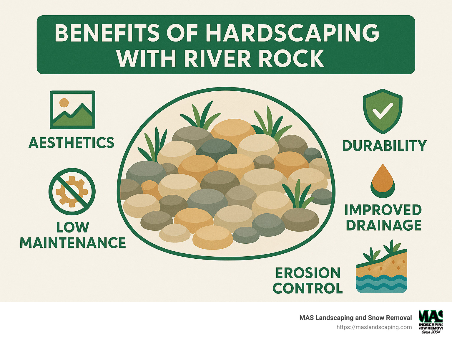 Infographic highlighting benefits of hardscaping with river rock including aesthetics, low maintenance, durability, improved drainage, and erosion control - hardscaping with river rock infographic 
