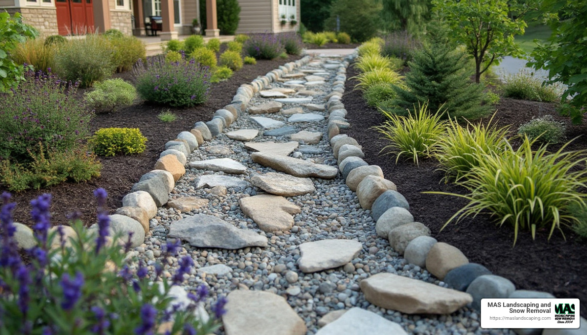river rock hardscaping applications including pathways and dry creek beds - hardscaping with river rock
