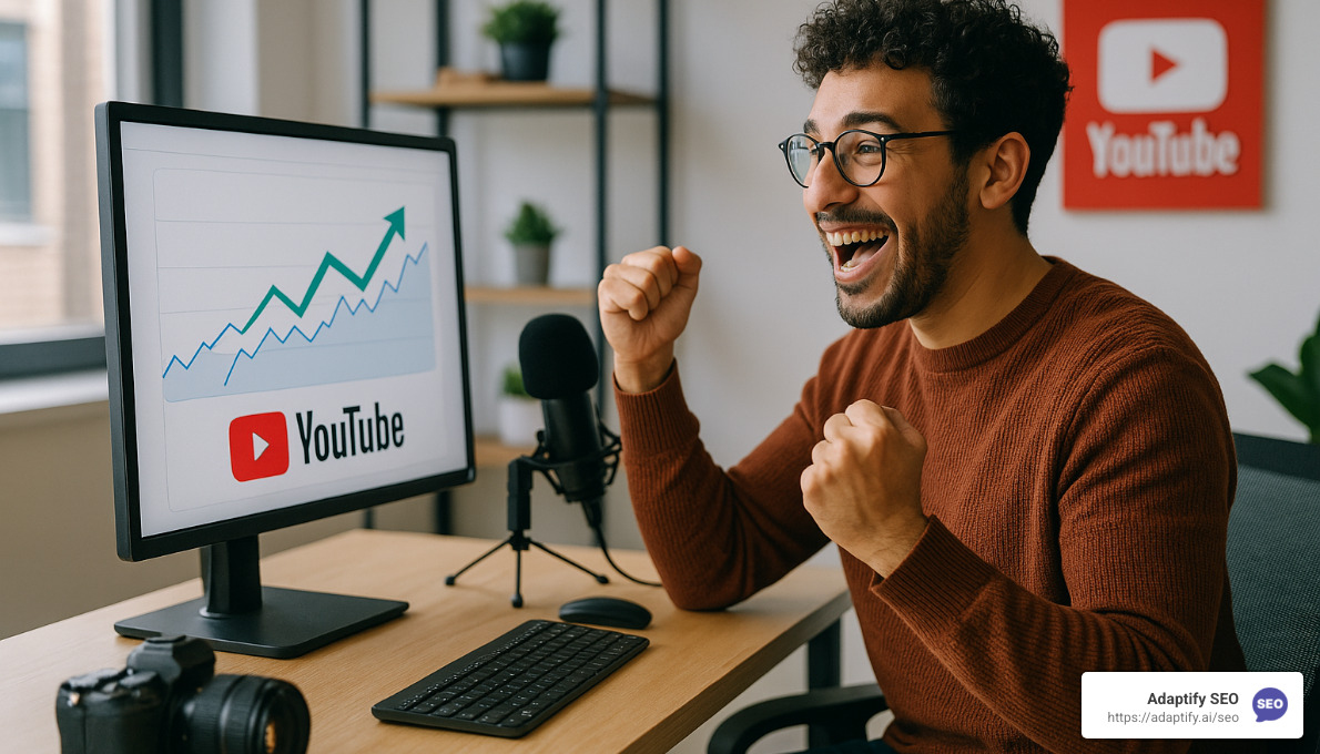 Happy content creator with improved YouTube visibility - youtube video backlink generator