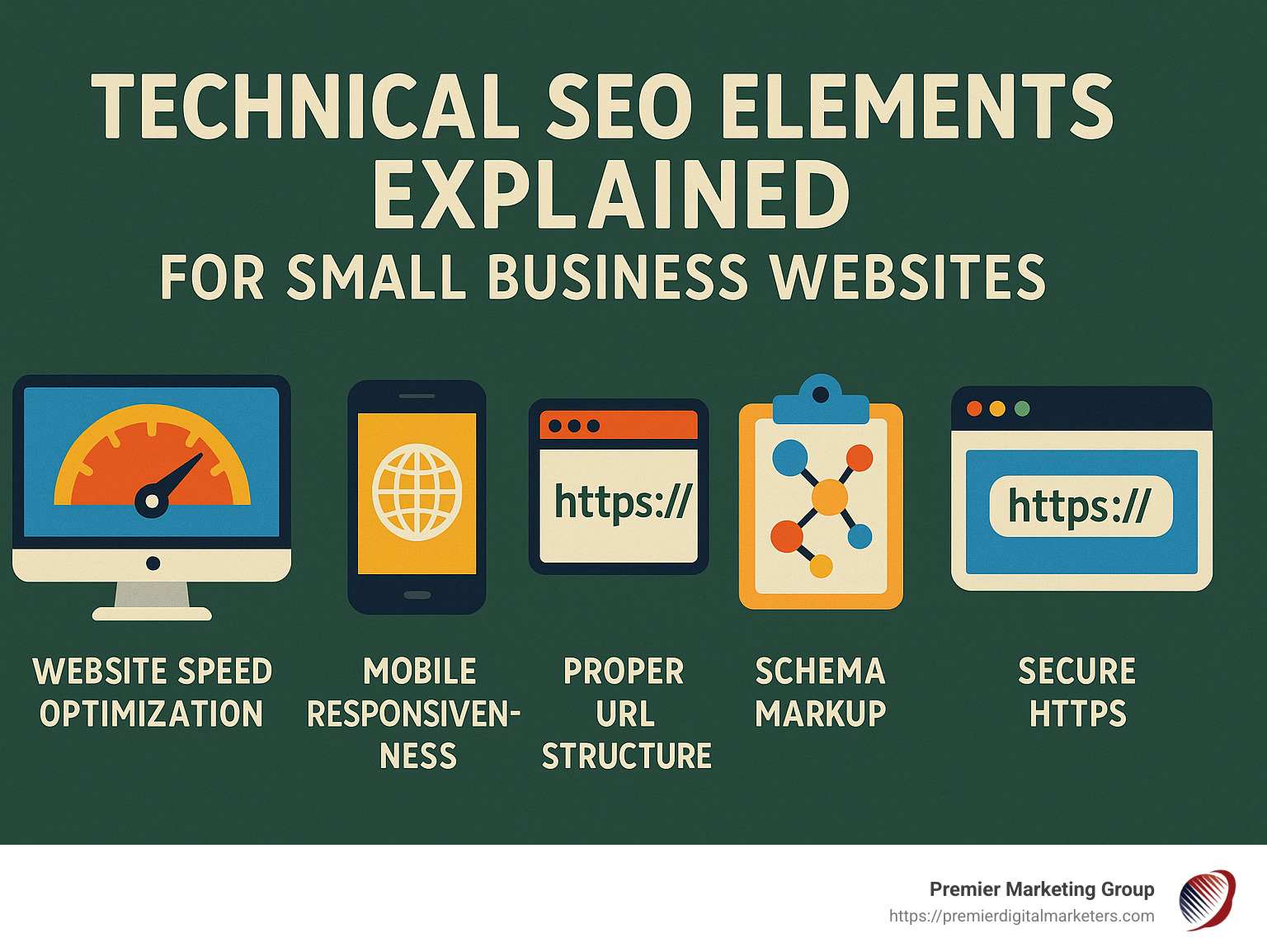 Technical SEO elements explained for small business websites - custom websites for small businesses infographic 
