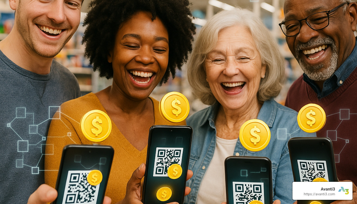 Happy customers engaging with blockchain-based rewards - Blockchain-based rewards