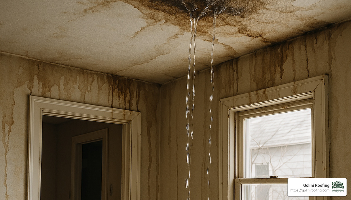 interior water damage from roof leaks - residential roof repair services