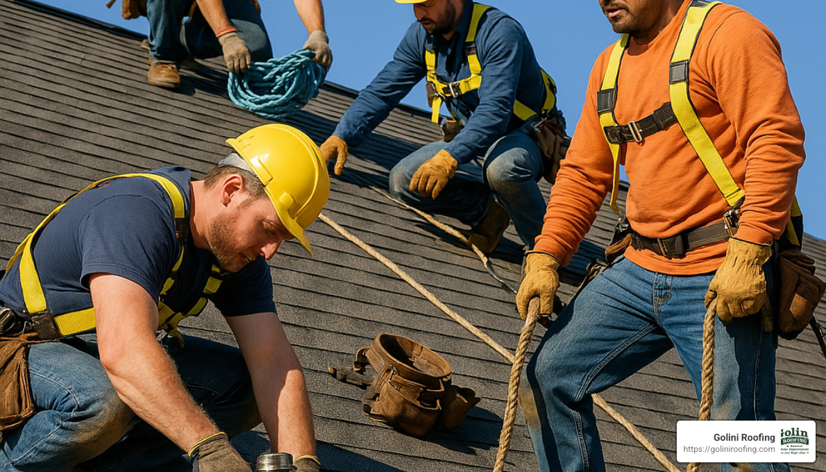 professional roofers at work - residential roof repair services