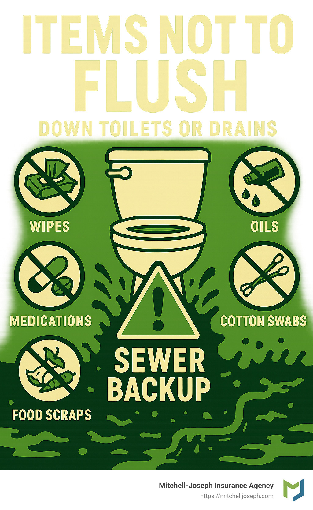 Items not to flush down toilets or drains - sewer backup infographic 