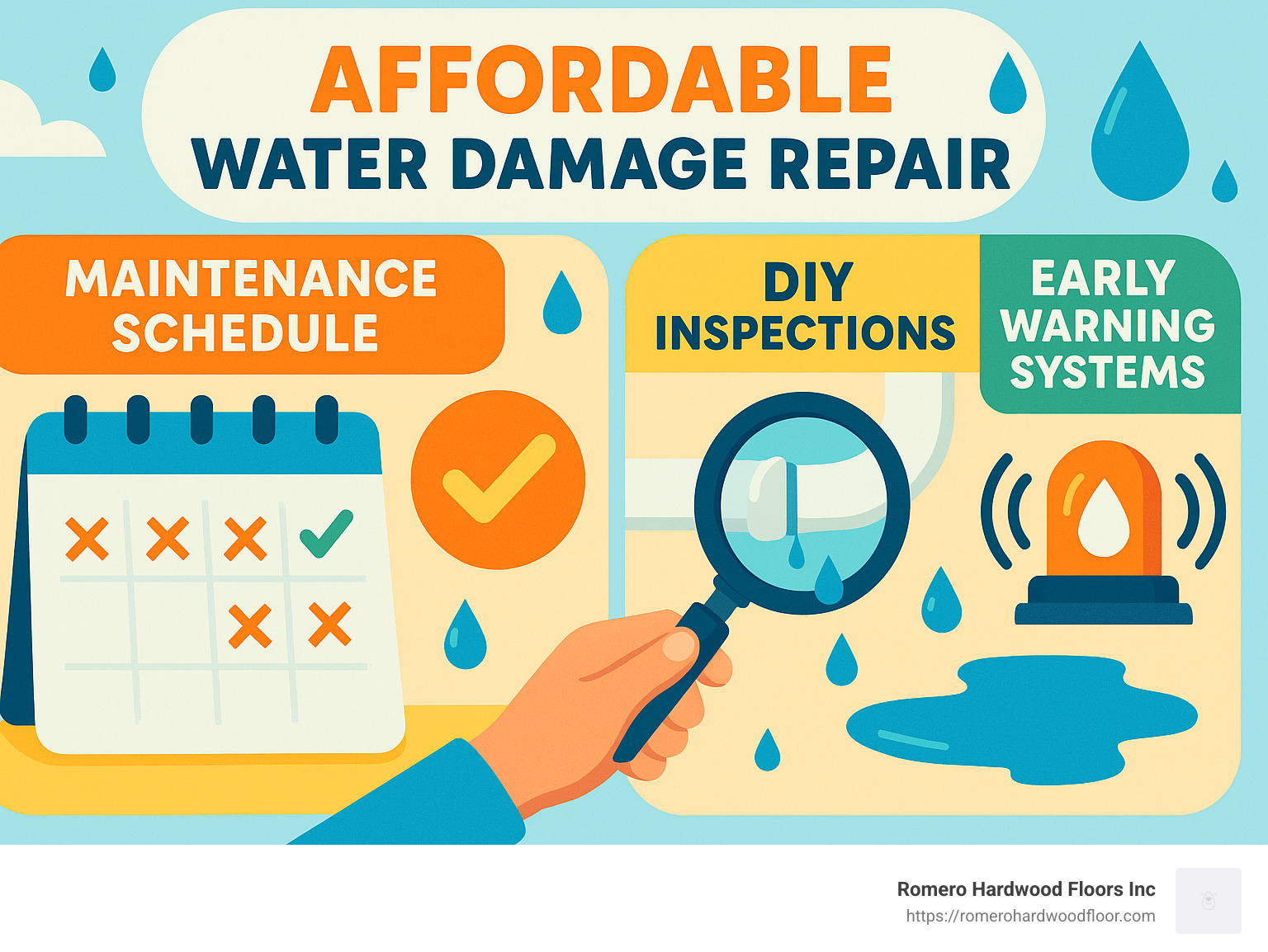 Infographic showing cost-effective water damage prevention techniques including maintenance schedules, DIY inspections, and early warning systems - Affordable water damage repair infographic 