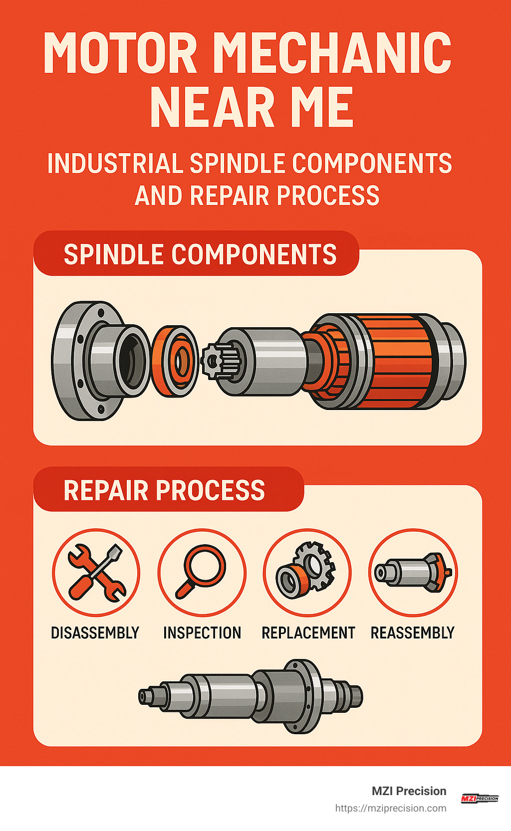 Detailed diagram of industrial spindle components and repair process - motor mechanic near me infographic 