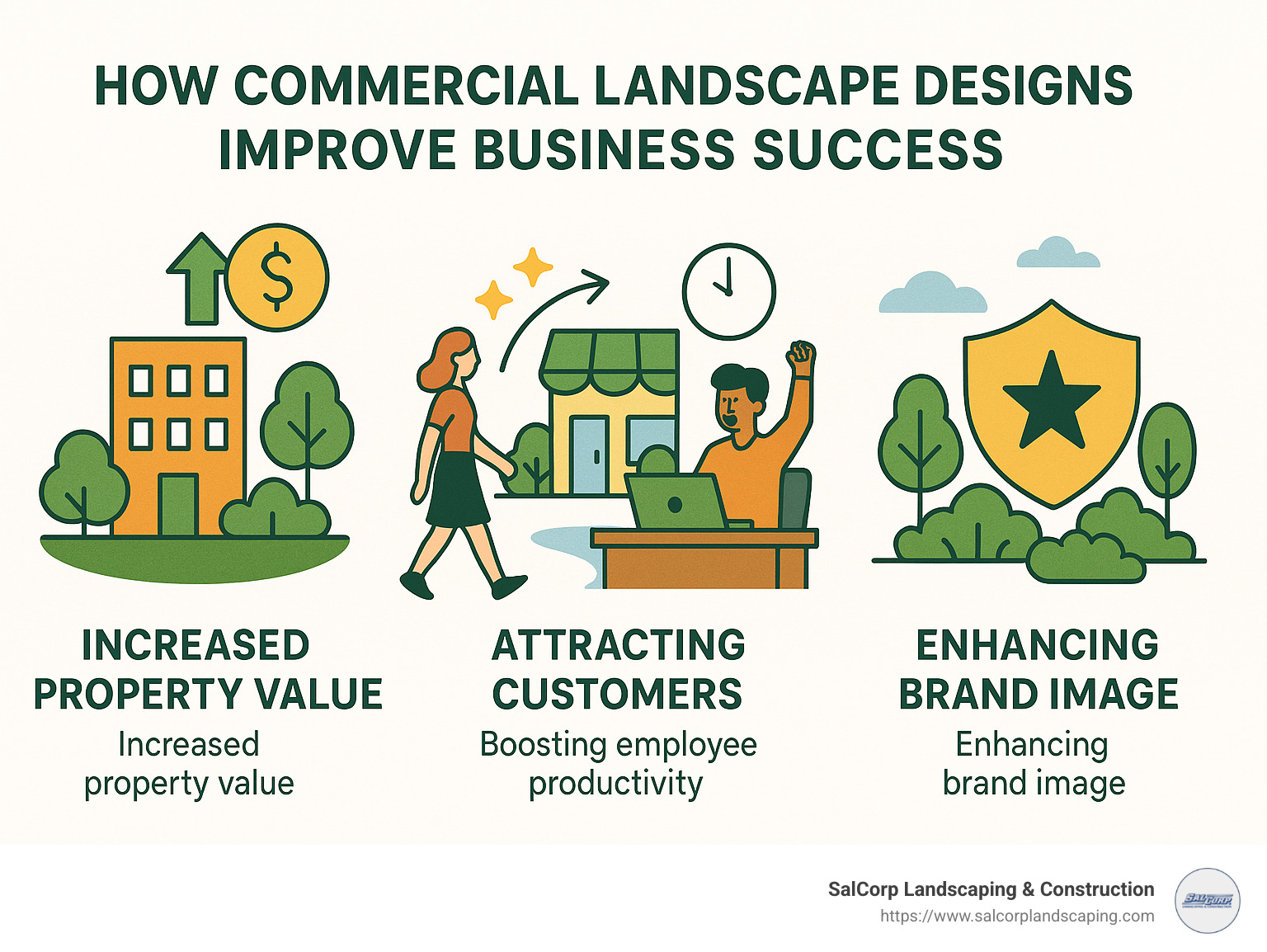 Infographic showing how commercial landscape designs improve business success through increased property value, attracting customers, boosting employee productivity, and enhancing brand image. - commercial landscape designs infographic
