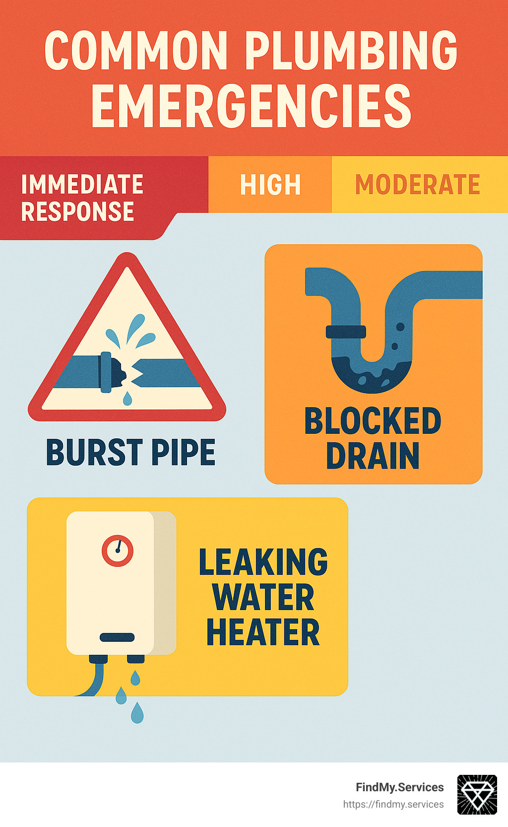 Infographic showing common plumbing emergencies (burst pipe, blocked drain, leaking water heater) ranked by urgency levels from immediate response (burst pipe) to within 24 hours (slow drain). - Reliable plumbers near me infographic 