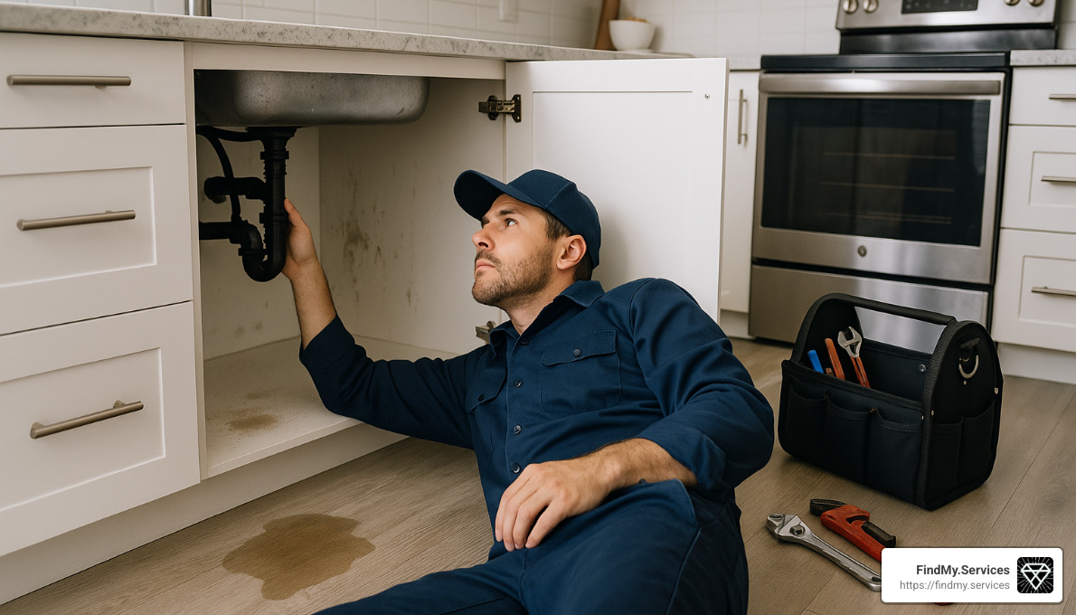 Plumber inspecting water damage under sink - Reliable plumbers near me