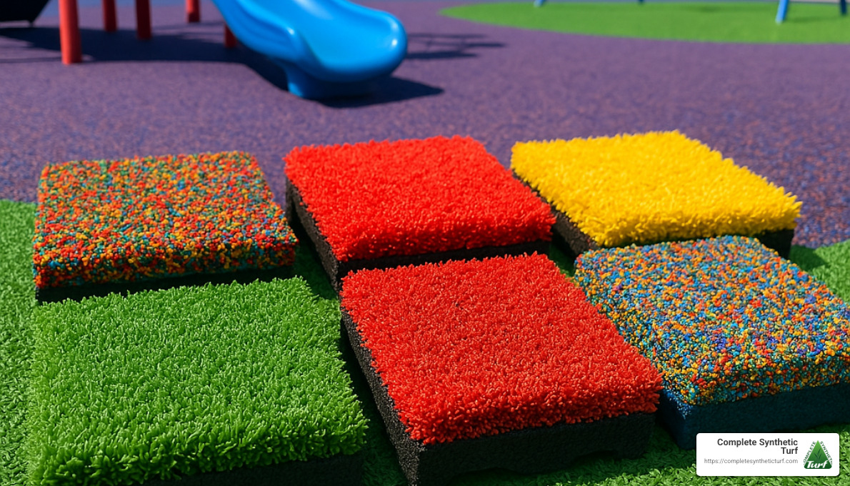 Top artificial turf products for playgrounds showing different colors and textures - Artificial grass for playgrounds