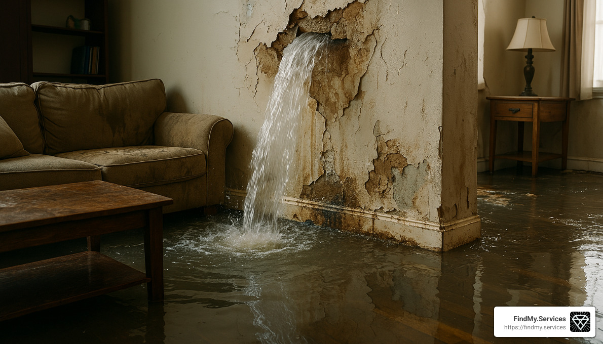 Water damage from burst pipe flooding a home - Reliable plumbers near me
