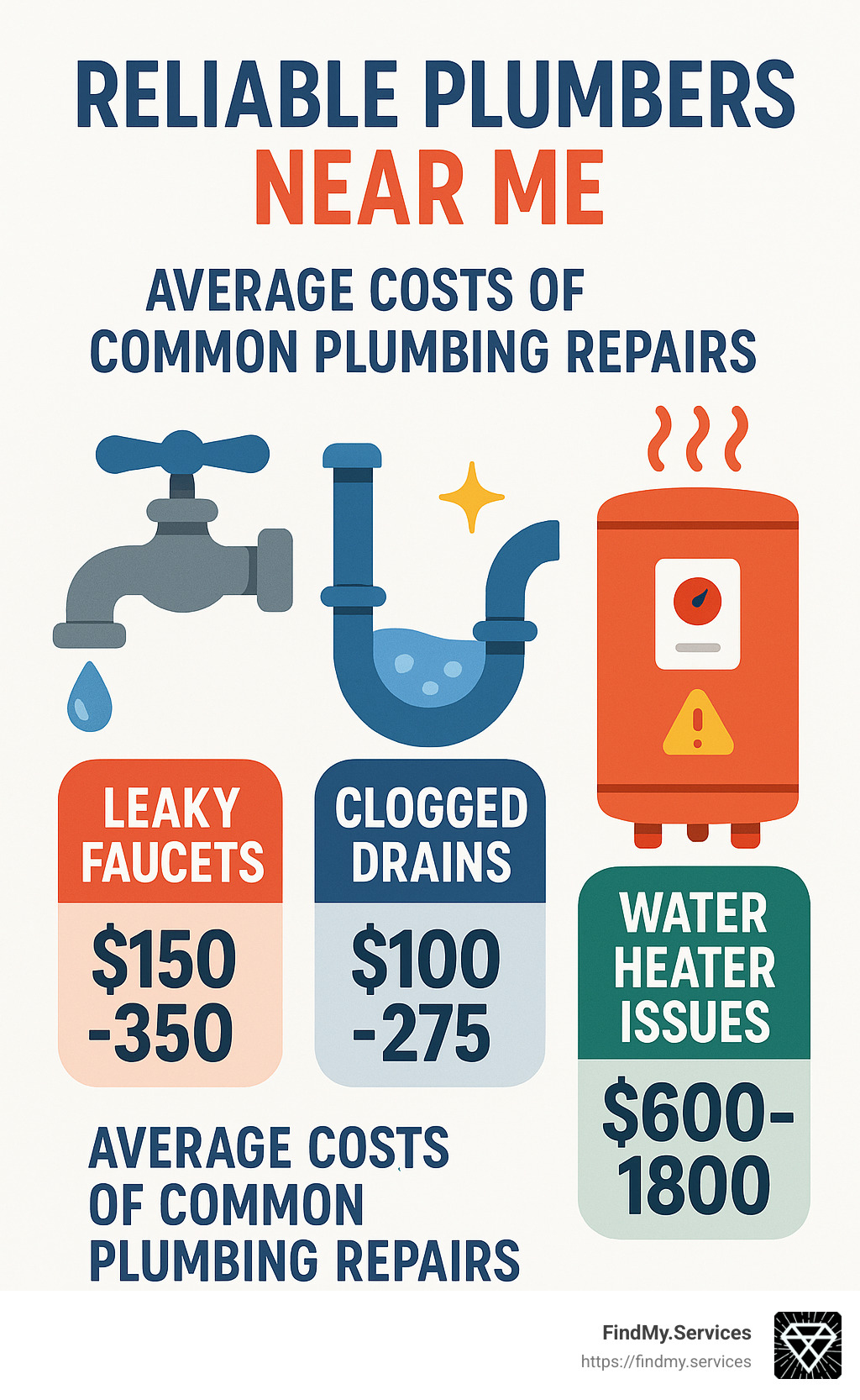 Infographic showing the average costs of common plumbing repairs including leaky faucets ($150-350), clogged drains ($100-275), and water heater issues ($600-1800) - Reliable plumbers near me infographic 
