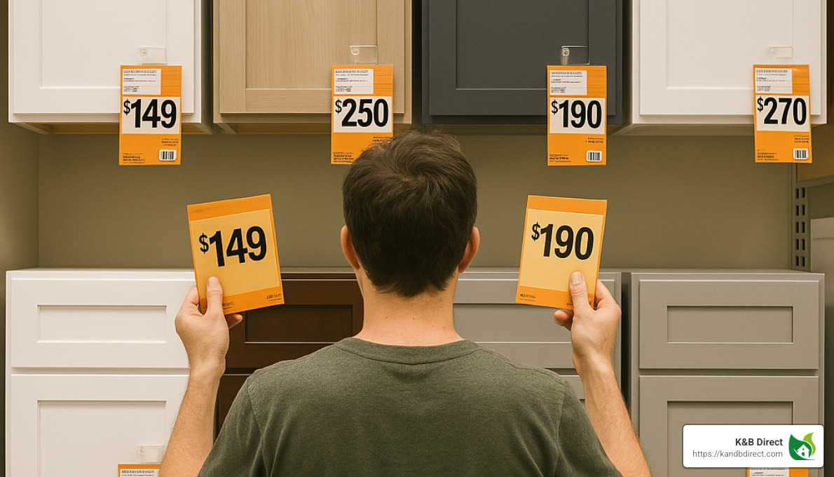shopper comparing cabinet prices - modern kitchen cabinets for sale