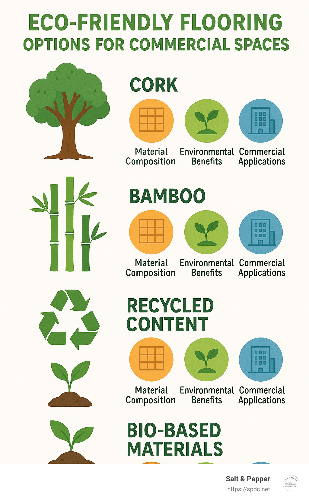 Eco-friendly flooring options for commercial spaces showing material composition, environmental benefits, and commercial applications for cork, bamboo, recycled content, and bio-based materials - commercial flooring contractors tampa fl infographic 