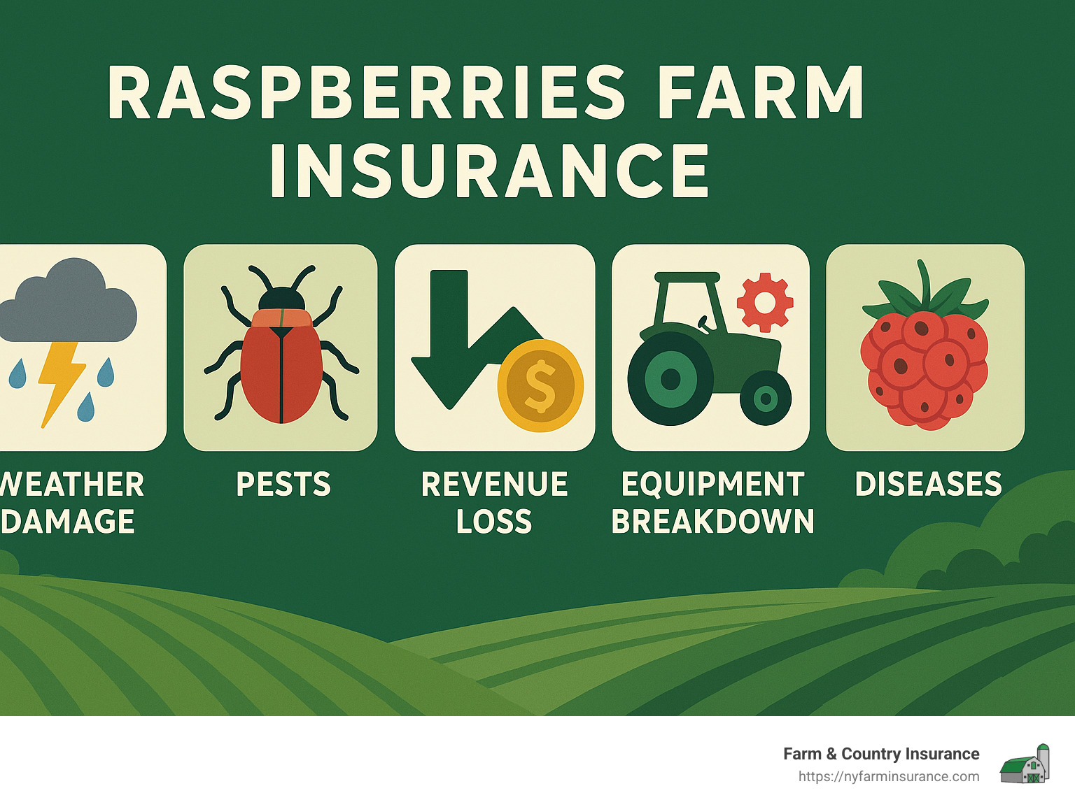 c35ef77823701ef7bd61682ad40335faecbe7b6b Raspberry Insurance: Sweet Coverage for Your Farm Explore Raspberries Farm Insurance to protect your crops from risks. Learn about policies, USDA updates, and expert farmer advice. infographic summarizing common risks raspberry farmers face, including weather damage, pests, revenue loss, equipment breakdown, and diseases - Raspberries Farm Insurance infographic