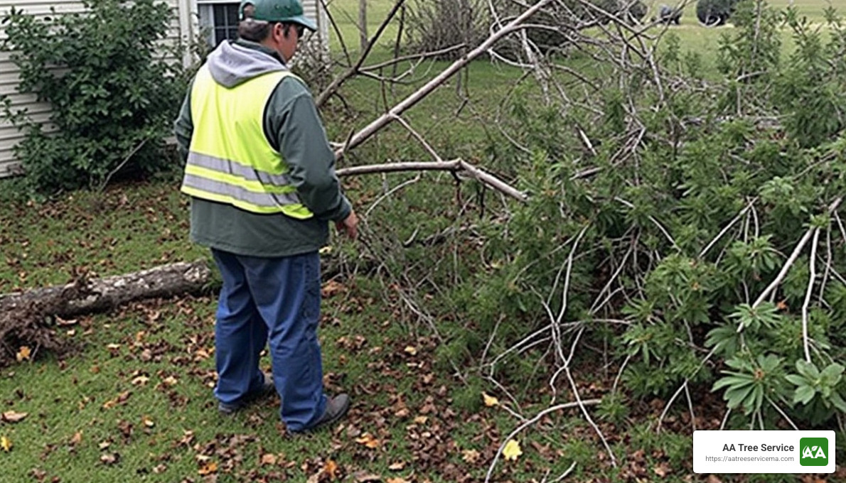 local arborist assessing tree damage after a storm - Local tree cutting companies