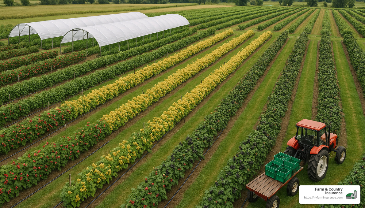 17e05931ab8f1e800e786e11bc7b247f04b66848 Raspberry Insurance: Sweet Coverage for Your Farm Explore Raspberries Farm Insurance to protect your crops from risks. Learn about policies, USDA updates, and expert farmer advice. diversified raspberry farm with multiple crop varieties - Raspberries Farm Insurance