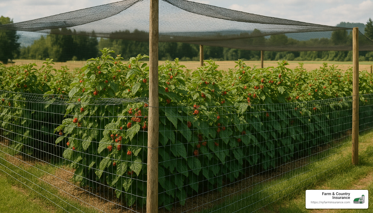 d21c63514abdc79baf13e8bf21e74d633a7dc1cf Raspberry Insurance: Sweet Coverage for Your Farm Explore Raspberries Farm Insurance to protect your crops from risks. Learn about policies, USDA updates, and expert farmer advice. wildlife prevention methods in raspberry farms including fencing and netting - Raspberries Farm Insurance