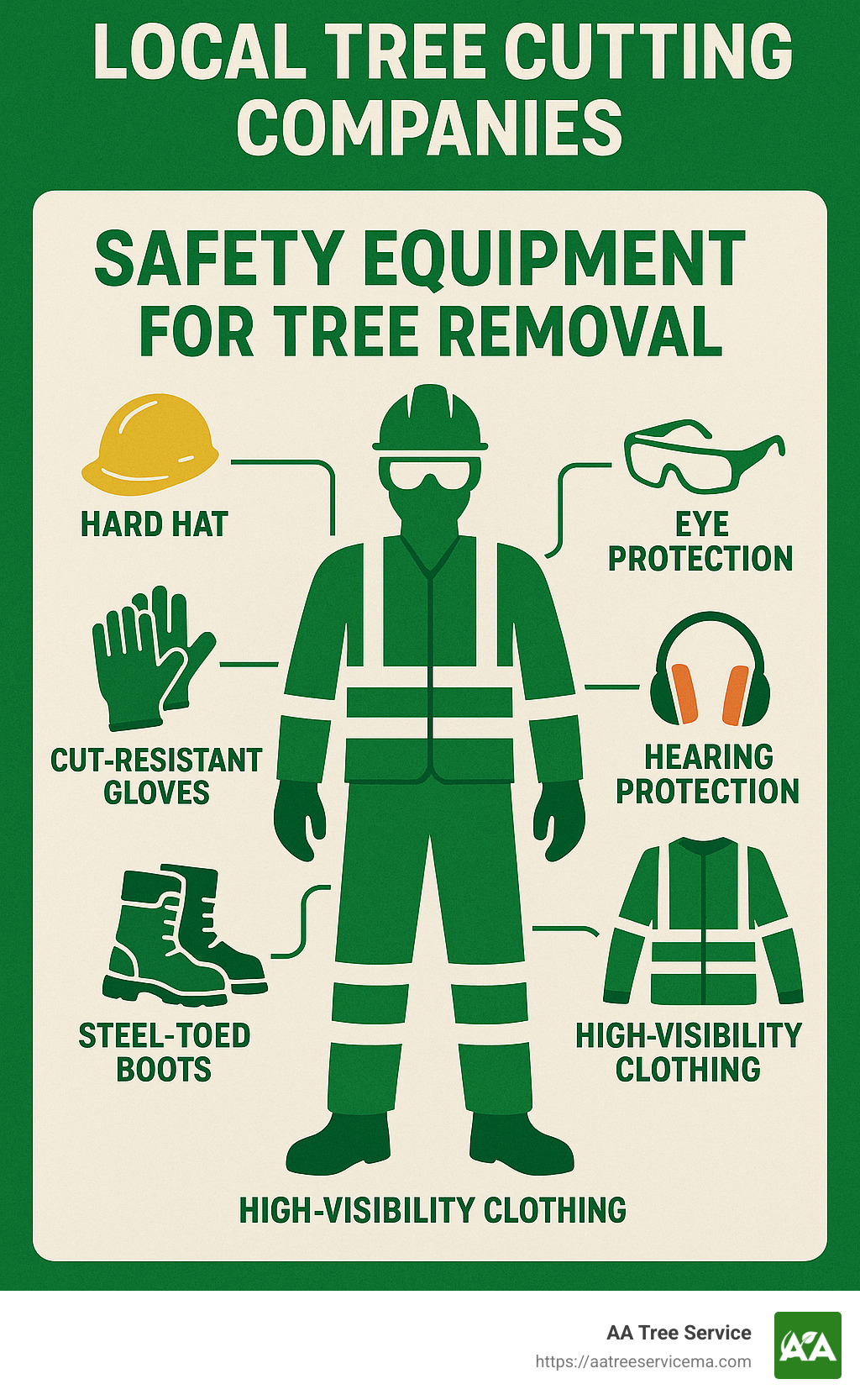 Infographic showing essential safety equipment for tree removal: hard hats, eye protection, cut-resistant gloves, chainsaw chaps, steel-toed boots, hearing protection, and high-visibility clothing - Local tree cutting companies infographic