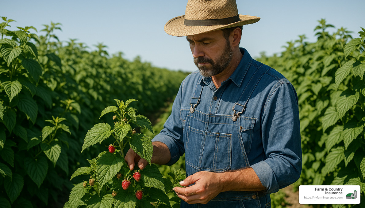7f44ae90f99565059a1d28066487726ac7238b9a Raspberry Insurance: Sweet Coverage for Your Farm Explore Raspberries Farm Insurance to protect your crops from risks. Learn about policies, USDA updates, and expert farmer advice. raspberry farmer inspecting plants in the field - Raspberries Farm Insurance