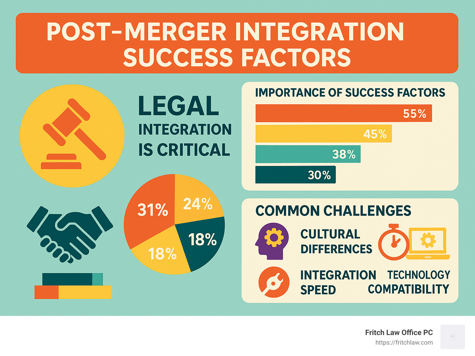 Statistics on post-merger integration success factors, highlighting legal integration as a critical component - m and a legal infographic