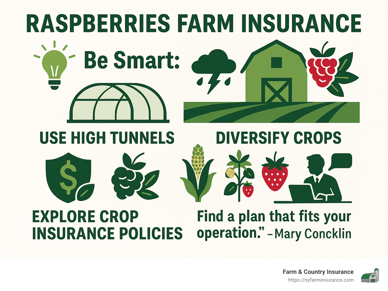 23fd6d0777541384a4d7c9601d376a87155c5a99 Raspberry Insurance: Sweet Coverage for Your Farm Explore Raspberries Farm Insurance to protect your crops from risks. Learn about policies, USDA updates, and expert farmer advice. quote from Mary Concklin saying "Be smart by employing efficient workflow practices such as using high tunnels to mitigate weather-related risks, diversify crops to cushion losses, and explore crop insurance policies with an agent to find a plan that fits your operation." - Raspberries Farm Insurance infographic