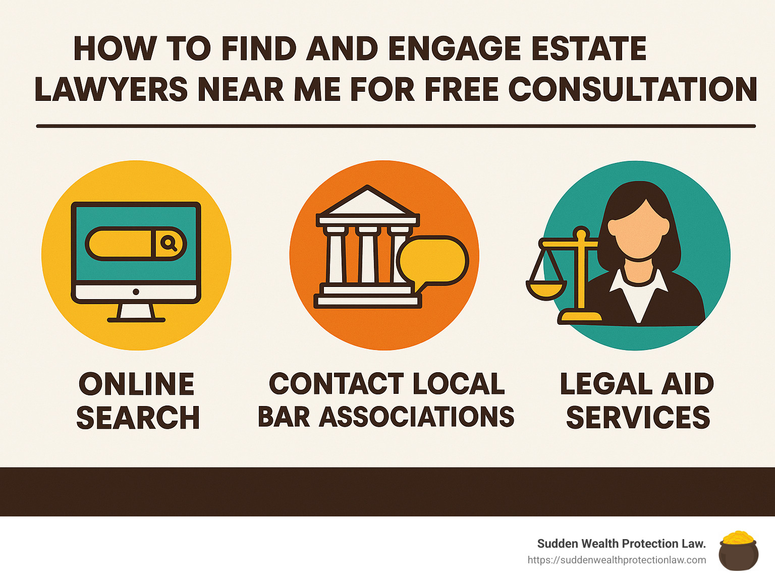 Infographic detailing simple steps on how to find and engage estate lawyers near me free consultation, including online search, contacting local bar associations, and legal aid services. - estate lawyers near me free consultation infographic 