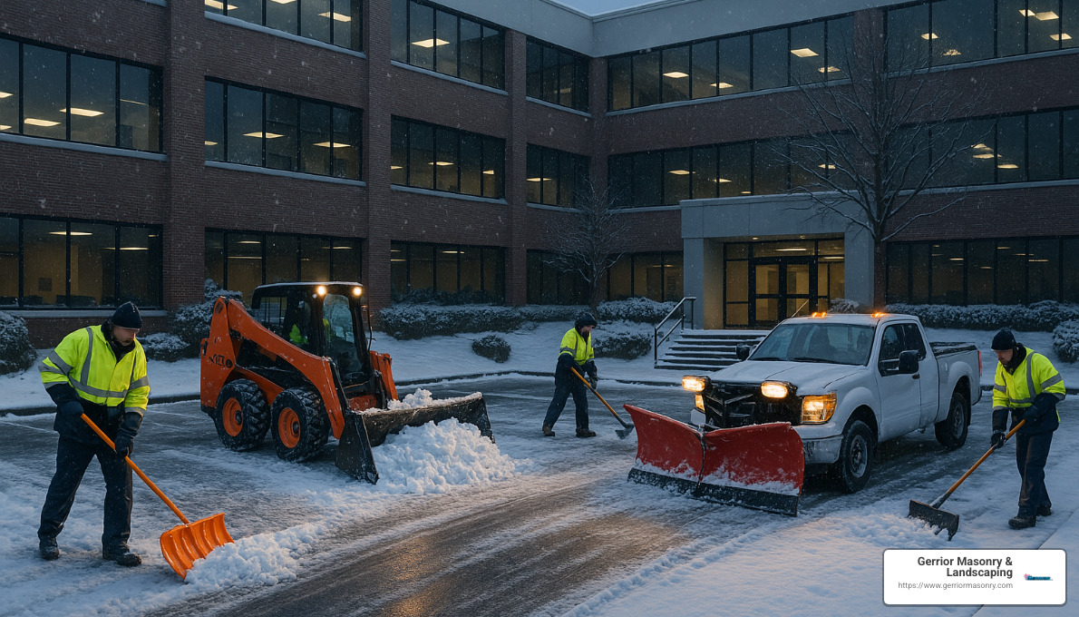 team clearing snow from commercial property - corporate snow removal