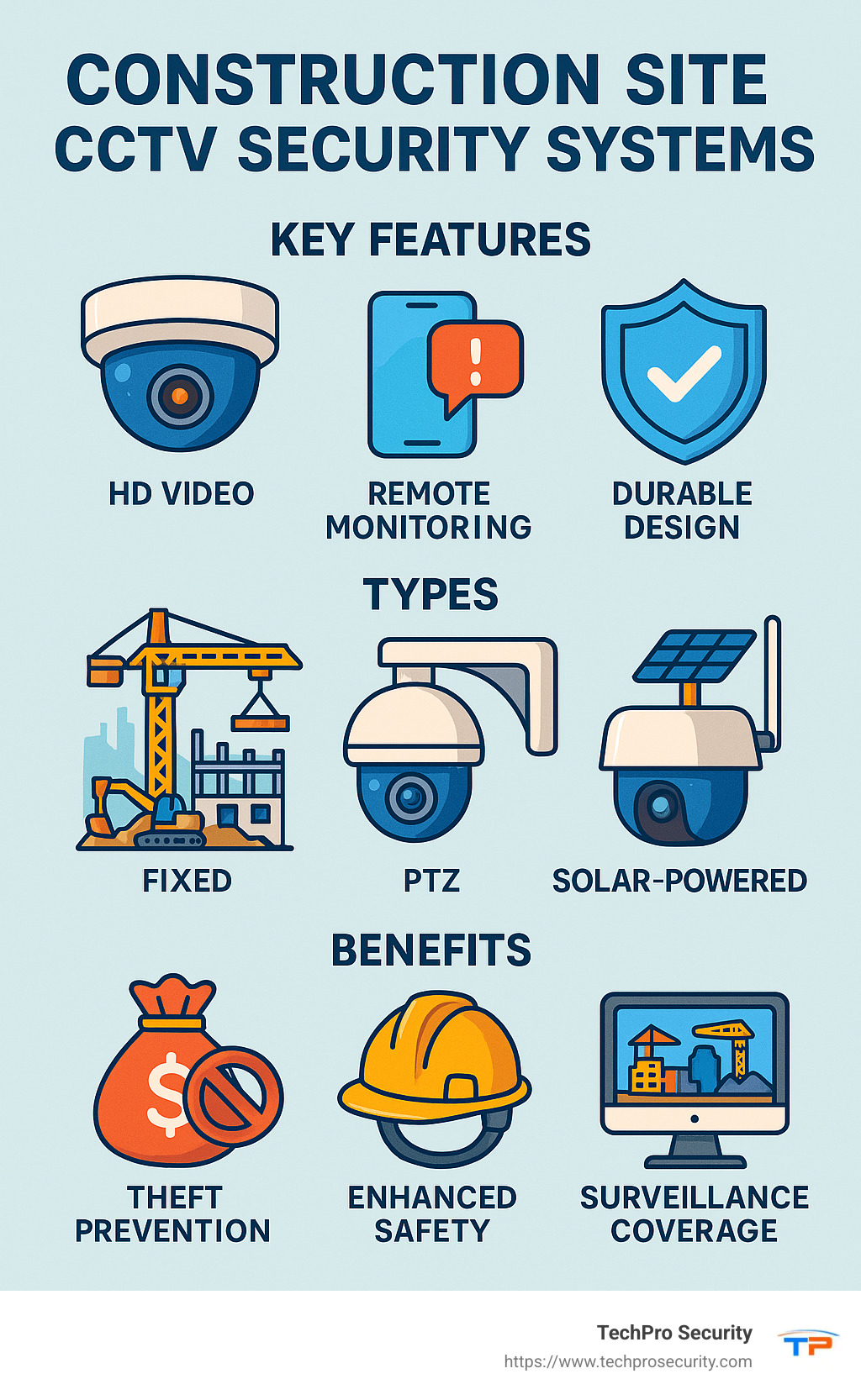 Infographic detailing key features, types, and benefits of top construction site CCTV security systems. - construction site cctv security systems infographic 