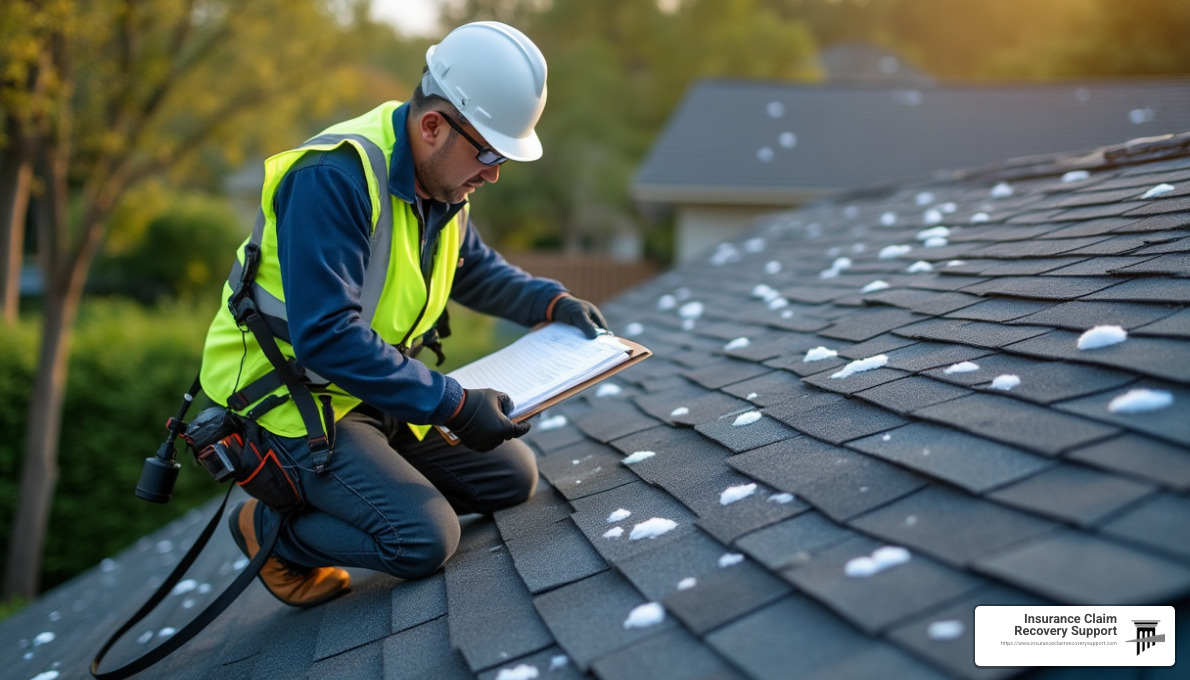 Insurance adjuster inspecting roof for hail damage - Hail storm insurance claim