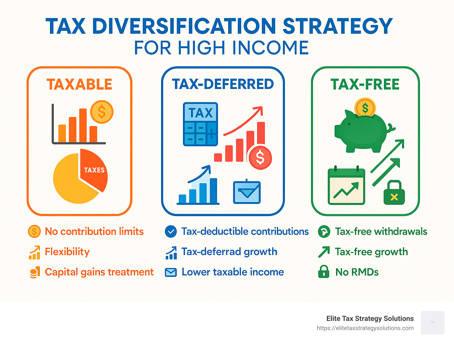 Infographic explaining the breakdown and benefits of taxable, tax-deferred, and tax-free accounts in a tax diversification strategy high income. - tax diversification strategy high income infographic