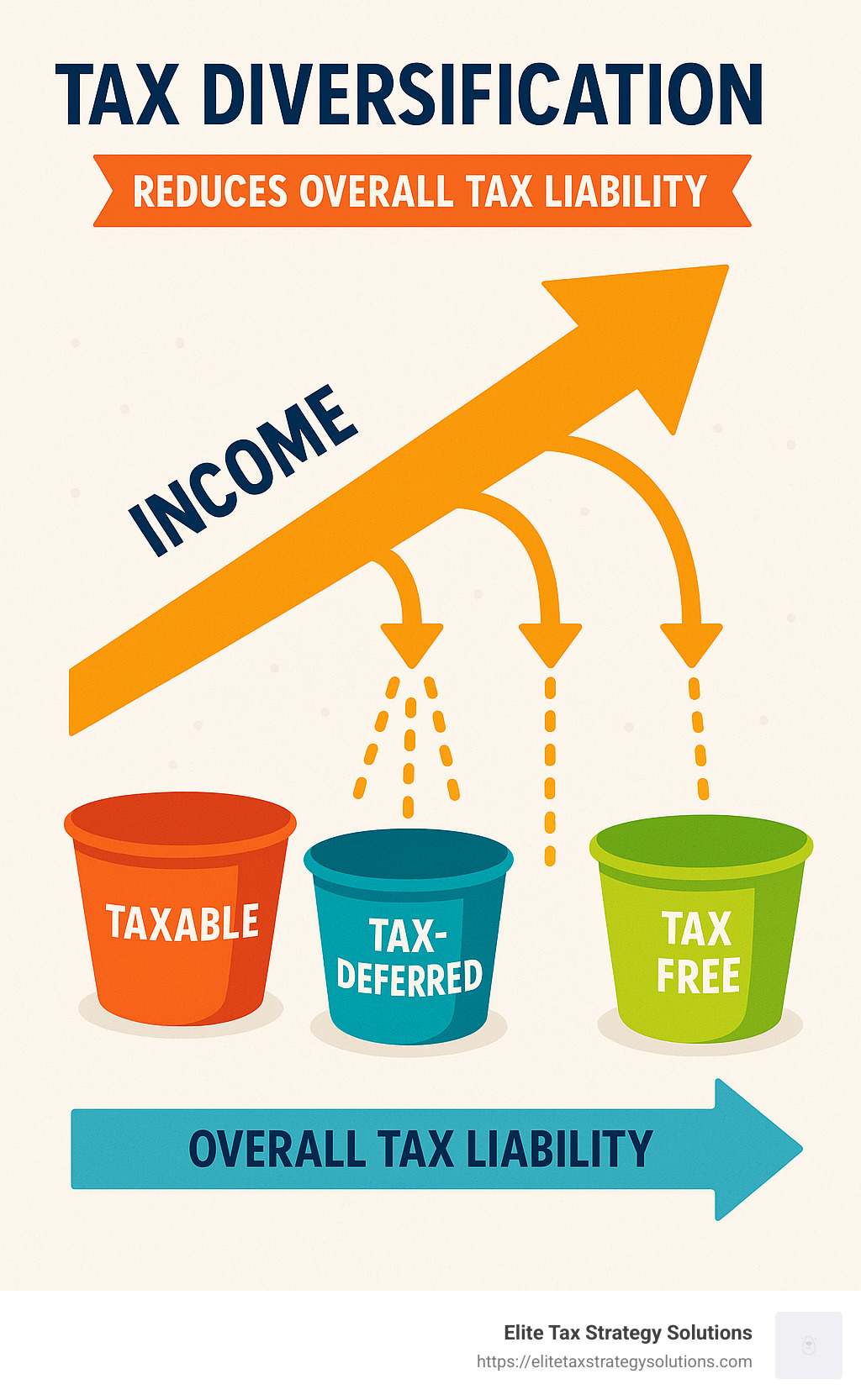 Infographic showing how tax diversification reduces overall tax liability by spreading income across different tax buckets - tax diversification strategy high income infographic