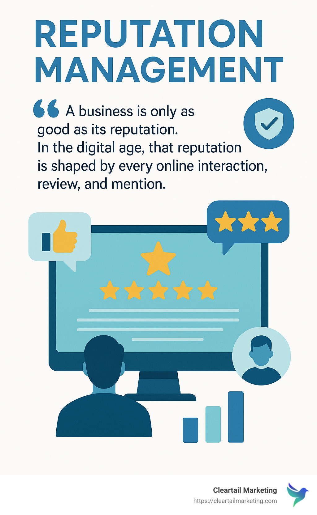 Quote from reputation management expert: "A business is only as good as its reputation. That reputation is shaped by every online interaction, review, and mention." - positive reputation management infographic 