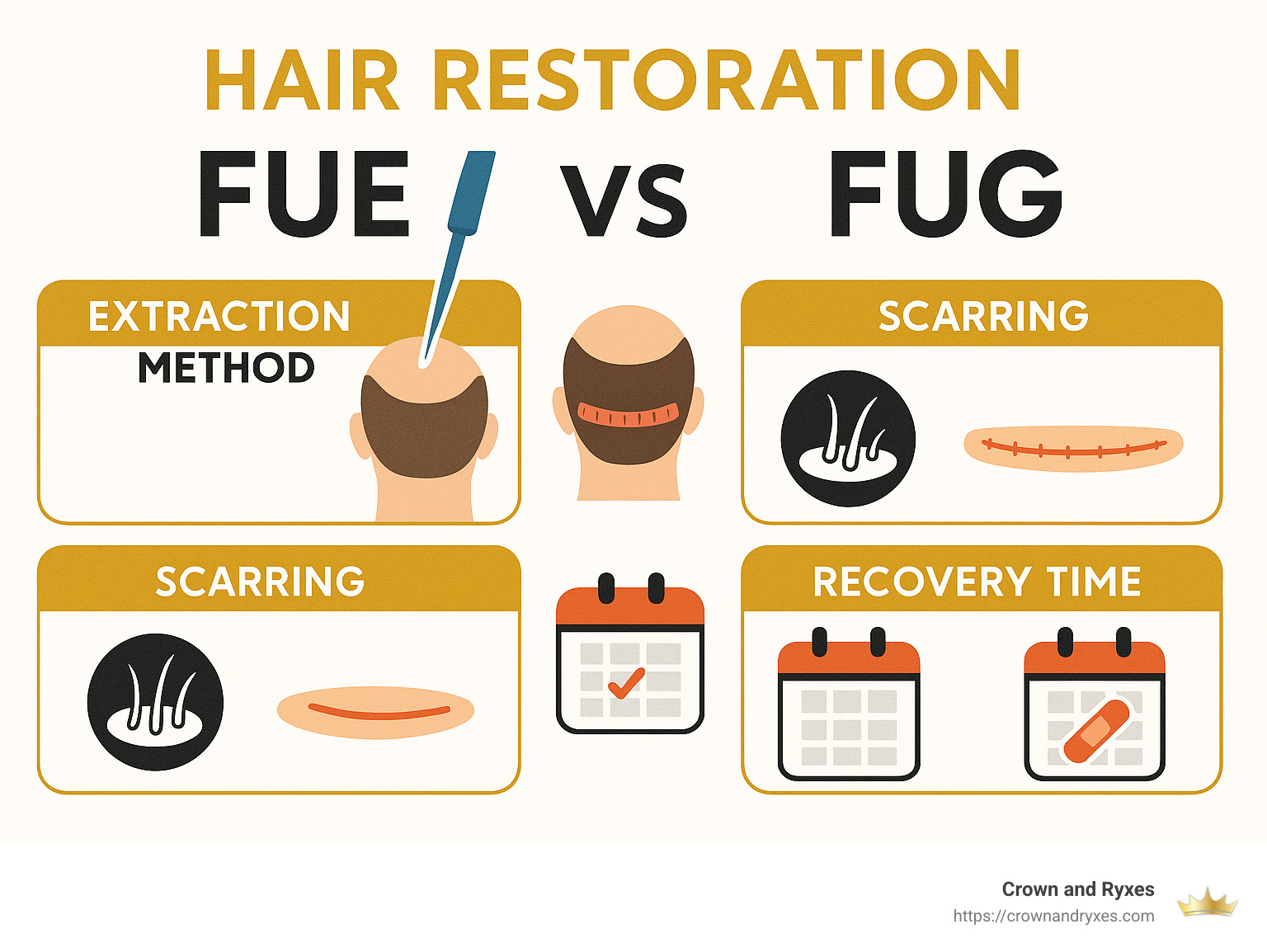 Comparison between FUE and FUG techniques showing the extraction methods, scarring, and recovery time - hair restoration miami fl infographic 