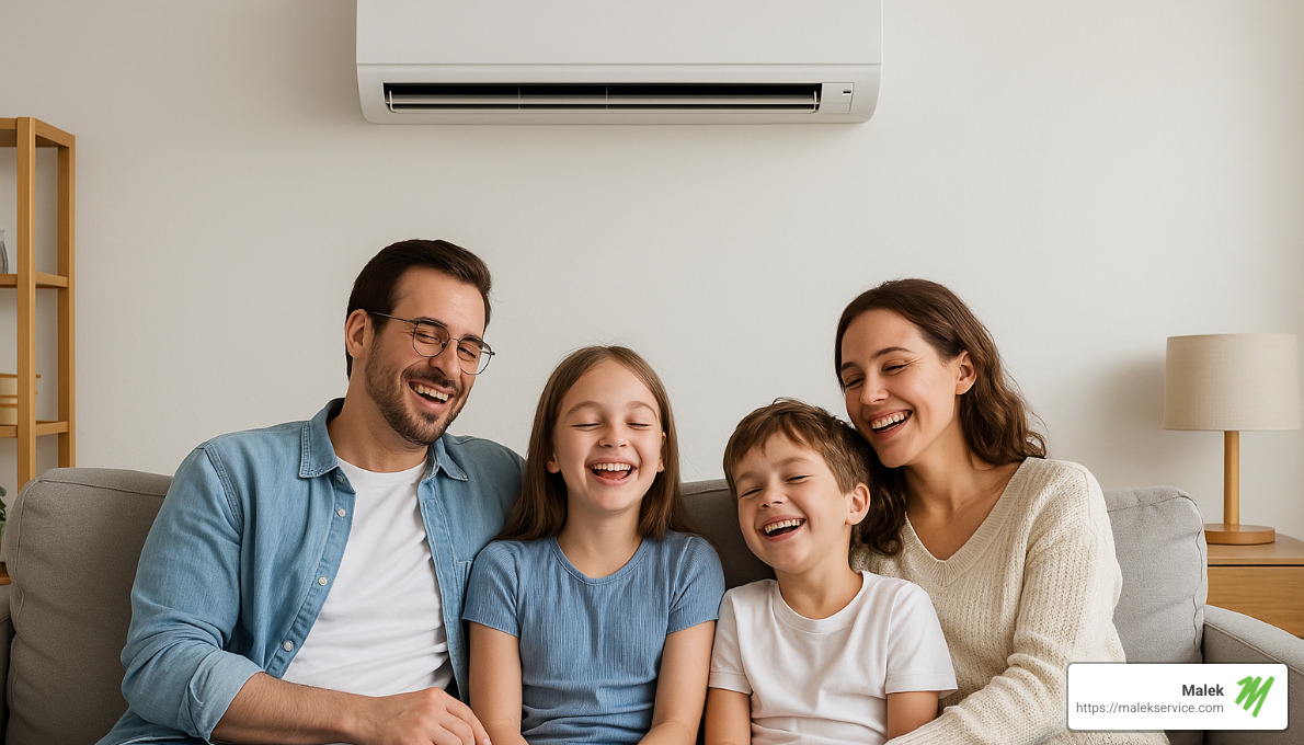 Happy family enjoying cool air in their well-maintained home - ac maintenance contractors college station tx
